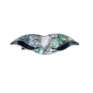 Vintage Abalone & Mother Of Pearl Heart Hair Barrette Clip Sterling Silver